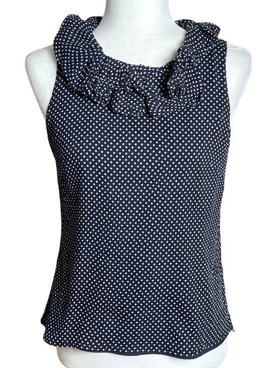 J. Crew Tops - J Crew Silk Top Navy Polka Dot Sleeveless Ruffle Whimsigoth Preppy Luxury 4